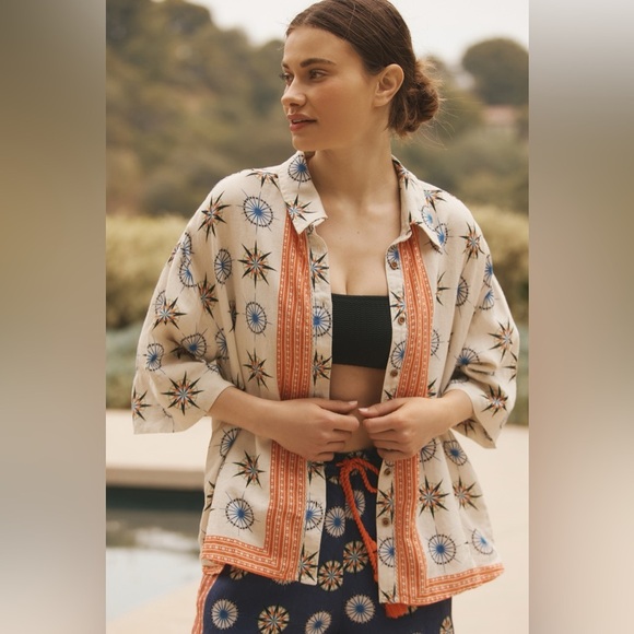 By Anthropologie Short-Sleeve Linen Buttondown Shirt Star Geometric Print Sz XS - Picture 1 of 10